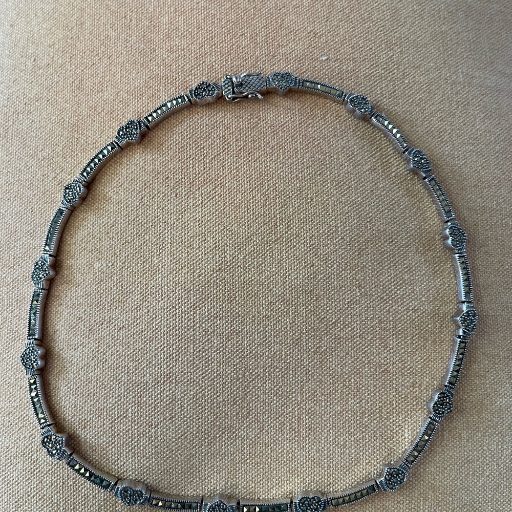 Vintage Sterling 925 Solid Silver Marcasite 16" Necklace Love Shape